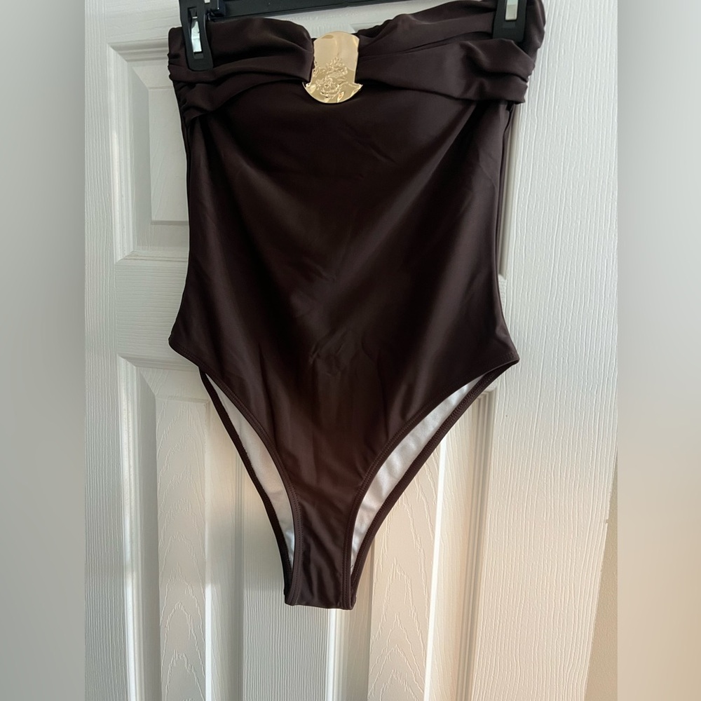 Chocolate Brown One-Piece Swimsuit with Gold Accent